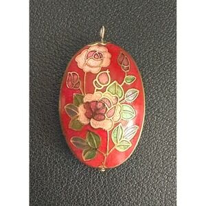 Vintage Cloisonne Enamel Pendant Double Sided Floral Oval Gold Tone Jewelry